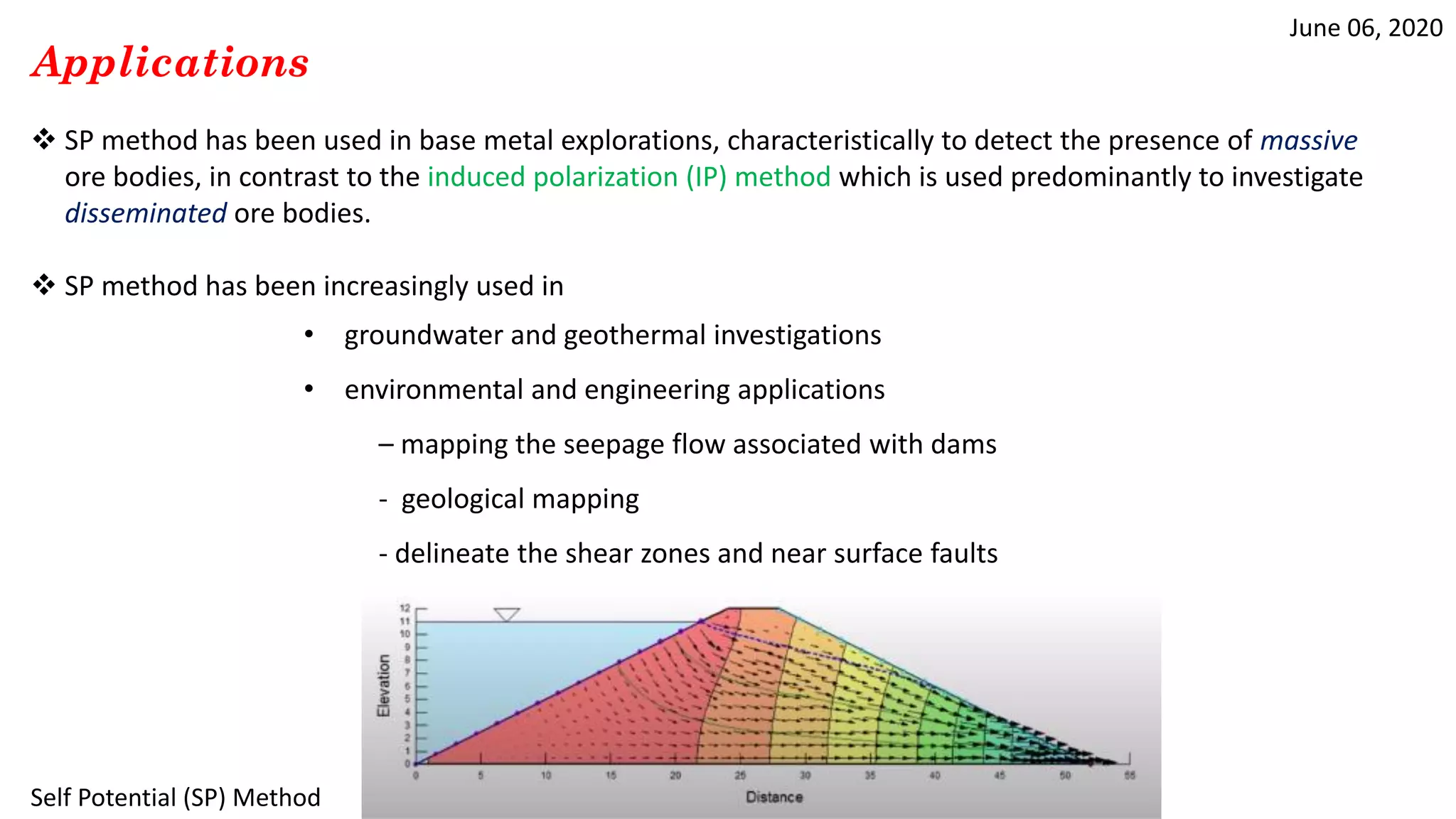 June 06, 2020
Self Potential (SP) Method
Applications
 SP method has been used in base metal explorations, characteristically to detect the presence of massive
ore bodies, in contrast to the induced polarization (IP) method which is used predominantly to investigate
disseminated ore bodies.
 SP method has been increasingly used in
• groundwater and geothermal investigations
• environmental and engineering applications
– mapping the seepage flow associated with dams
- geological mapping
- delineate the shear zones and near surface faults
 