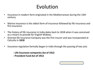 Evolution
• Insurance in modern form originated in the Mediterranean during the 13th
century.

• Marine insurance is the oldest form of insurance followed by life insurance and
fire insurance.
• The history of life insurance in India dates back to 1818 when it was conceived
as a means to provide for English Widows.
• Oriental life Insurance Company was the first insurer and was incorporated at
Calcutta in 1818
• Insurance regulation formally began in India through the passing of two acts
- Life Insurance companies Act of 1912
- Provident Fund Act of 1912

 