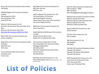 Aviva Life Insurance Company India Limited
Life Shield
AEGON Religare Life Insurance Company
Limited.
Decreasing Term Plan
Increasing Term Plan
Level Term Plan
Birla Sun Life Insurance Co. Ltd
Birla Sun Life Insurance Premium Back Term
Plan
Birla Sun Life Insurance Term Plan
Birla Sub Life Insurance HNWI Term Plan
Bharti AXA Life Insurance Company Ltd.
Secure Confident

Bajaj Allianz Life Insurance Company Limited
Protector
New Risk Care
Term Care
Future Generali India Life Insurance
Company Limit
Future Care

ING Vysya Life Insurance Company Ltd.
ING Term Life Plus
ING Term Life
ICICI Prudential Life Insurance Co. Ltd
Life Guard Return of Premium
Life Guard Regular Premium
Home Assure Loan cover term insurance
Life Guard Single Premium
IDBI Fortis Life Insurance Company Ltd.
Home Assurance
Kotak Mahindra Old Mutual Life Insurance
Limited
Kotak Premium Return Plan
Kotak Term / Preferred Term Plan

Life Insurance Corporation of India
The Convertible Term Assurance Policy
Mortgage Redemption
New Bima Gold
Two Year Temporary Assurance Policy
Anmol Jeevan-I
Amulya Jeevan-I
Max New York Life Insurance Co. Ltd
Five Yr Renewable and Convertible Plan (Non - Par)
Level Term Plan

Met Life India Insurance Company Ltd.
MET Suraksha - TROP
MET Suraksha
Met -MortgageMet-Mortgage Protector
Reliance Life Insurance Company Limited.
Reliance Simple Term Plan
Reliance Special Credit Guardian Plan
Reliance Special Term Plan
Reliance Credit Guardian Plan
Sahara India Life Insurance Co, Ltd.
Sahara Kavach
Shriram Life Insurance Co. Ltd.
Shri Suraksha
SBI Life Insurance Co. Ltd
SBI Swadhan
SBI Shield
Tata AIG Life Insurance Company Limited
Tata AIG Life LifePlus
Tata AIG Life Raksha 10/15/20/25
Tata AIG Life Assure
HDFC Standard Life Insurance Co. Ltd
Loan Cover Term Assurance Plan
Term Assurance Plan
Home Loan Protection Plan

 