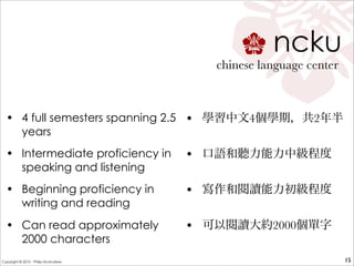 ncku
• 4 full semesters spanning 2.5
years
• Intermediate proficiency in
speaking and listening
• Beginning proficiency in
writing and reading
• Can read approximately
2000 characters
chinese language center
15
• 學習中文4個學期，共2年半
• 口語和聽力能力中級程度
• 寫作和閱讀能力初級程度
• 可以閱讀大約2000個單字
Copyright © 2010 - Philip McAndrew
 