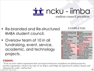 ncku - iimba
• Re-branded and Re-structured
IIMBA student council.
• Oversaw team of 10 in all
fundraising, event, service,
academic, and technology
projects.
student council president
24
VISION:
“To be an active student organization that encourages involvement, strengthens our global perspective,
provides organization, enhances the value of our degree, and bridges the gap between students, alumni, and
ultimately the world... and has fun!”
COMPLETED:
Copyright © 2010 - Philip McAndrew
 