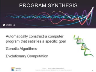 PAGE 4 | GRACE HOPPER CELEBRATION 2018
PRESENTED BY ANITAB.ORG AND THE ASSOCIATION FOR COMPUTING MACHINERY
Automatically construct a computer
program that satisfies a specific goal
Genetic Algorithms
Evolutionary Computation
4
PROGRAM SYNTHESIS
#GHC18
 