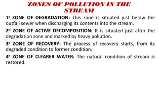 ZONES OF POLLUTION IN THE
STREAM
1st
ZONE OF DEGRADATION: This zone is situated just below the
outfall sewer when discharging its contents into the stream.
2nd
ZONE OF ACTIVE DECOMPOSITION: It is situated just after the
degradation zone and marked by heavy pollution.
3rd
ZONE OF RECOVERY: The process of recovery starts, from its
degraded condition to former condition.
4th
ZONE OF CLEARER WATER: The natural condition of stream is
restored.
 