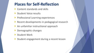  Content standards and skills
 Student Voice results
 Professional Learning experiences
 Recent developments in pedagogical research
 An unfamiliar instructional approach
 Demographic changes
 Student Work
 Student engagement during a recent lesson
Places for Self-Reflection
 
