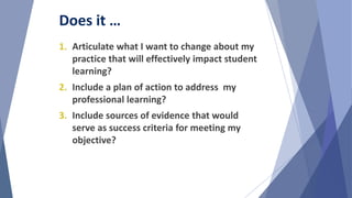 1. Articulate what I want to change about my
practice that will effectively impact student
learning?
2. Include a plan of action to address my
professional learning?
3. Include sources of evidence that would
serve as success criteria for meeting my
objective?
Does it …
 
