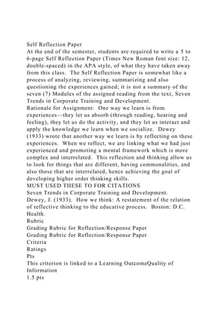Self Reflection Paper
At the end of the semester, students are required to write a 5 to
6-page Self Reflection Paper (Times New Roman font size: 12,
double-spaced) in the APA style, of what they have taken away
from this class. The Self Reflection Paper is somewhat like a
process of analyzing, reviewing, summarizing and also
questioning the experiences gained; it is not a summary of the
seven (7) Modules of the assigned reading from the text, Seven
Trends in Corporate Training and Development.
Rationale for Assignment: One way we learn is from
experiences—they let us absorb (through reading, hearing and
feeling), they let us do the activity, and they let us interact and
apply the knowledge we learn when we socialize. Dewey
(1933) wrote that another way we learn is by reflecting on these
experiences. When we reflect, we are linking what we had just
experienced and promoting a mental framework which is more
complex and interrelated. This reflection and thinking allow us
to look for things that are different, having commonalities, and
also those that are interrelated, hence achieving the goal of
developing higher order thinking skills.
MUST USED THESE TO FOR CITATIONS
Seven Trends in Corporate Training and Development.
Dewey, J. (1933). How we think: A restatement of the relation
of reflective thinking to the educative process. Boston: D.C.
Health.
Rubric
Grading Rubric for Reflection/Response Paper
Grading Rubric for Reflection/Response Paper
Criteria
Ratings
Pts
This criterion is linked to a Learning OutcomeQuality of
Information
1.5 pts
 