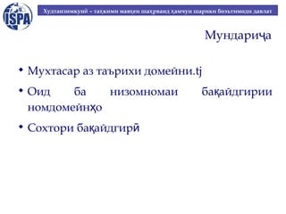 Худтанзимкунӣ – таҳ кими мавқ еи шаҳ рванд ҳ амчун шарики боэътимоди давлат

Мундариҷа






Мухтасар аз таърихи домейни.tj
Оид
ба
низомномаи
номдомейнҳо
Сохтори бақайдгирӣ

бақайдгирии

 