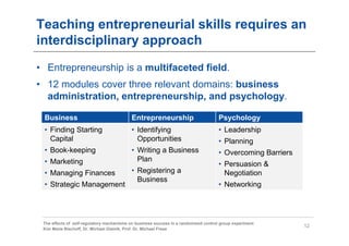 Teaching entrepreneurial skills requires an
interdisciplinary approach
• Entrepreneurship is a multifaceted field.
• 12 modules cover three relevant domains: business
  administration, entrepreneurship, and psychology.

 Business                                  Entrepreneurship                           Psychology
 • Finding Starting                        • Identifying                              • Leadership
   Capital                                   Opportunities                            • Planning
 • Book-keeping                            • Writing a Business                       • Overcoming Barriers
 • Marketing                                 Plan
                                                                                      • Persuasion &
 • Managing Finances                       • Registering a                              Negotiation
                                             Business
 • Strategic Management                                                               • Networking




 The effects of self-regulatory mechanisms on business success in a randomized control group experiment
                                                                                                              12
 Kim Marie Bischoff, Dr. Michael Gielnik, Prof. Dr. Michael Frese
 