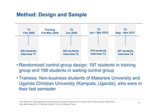 Method: Design and Sample

       T1                 Training                   T2                          T3                             T4
    Feb 2009            Feb-May 2009              Jun 2009                 Jan – Mar 2010                 Aug – Nov 2011




 395 students                                  352 students                 319 students                   227 students
 Interview T1                                  Interview T2                 Interview T3                   Interview T4



• Randomized control group design: 197 students in training
  group and 198 students in waiting control group
• Trainees: Non-business students of Makerere University and
  Uganda Christian University (Kampala, Uganda), who were in
  their last semester

 The effects of self-regulatory mechanisms on business success in a randomized control group experiment
                                                                                                                           14
 Kim Marie Bischoff, Dr. Michael Gielnik, Prof. Dr. Michael Frese
 