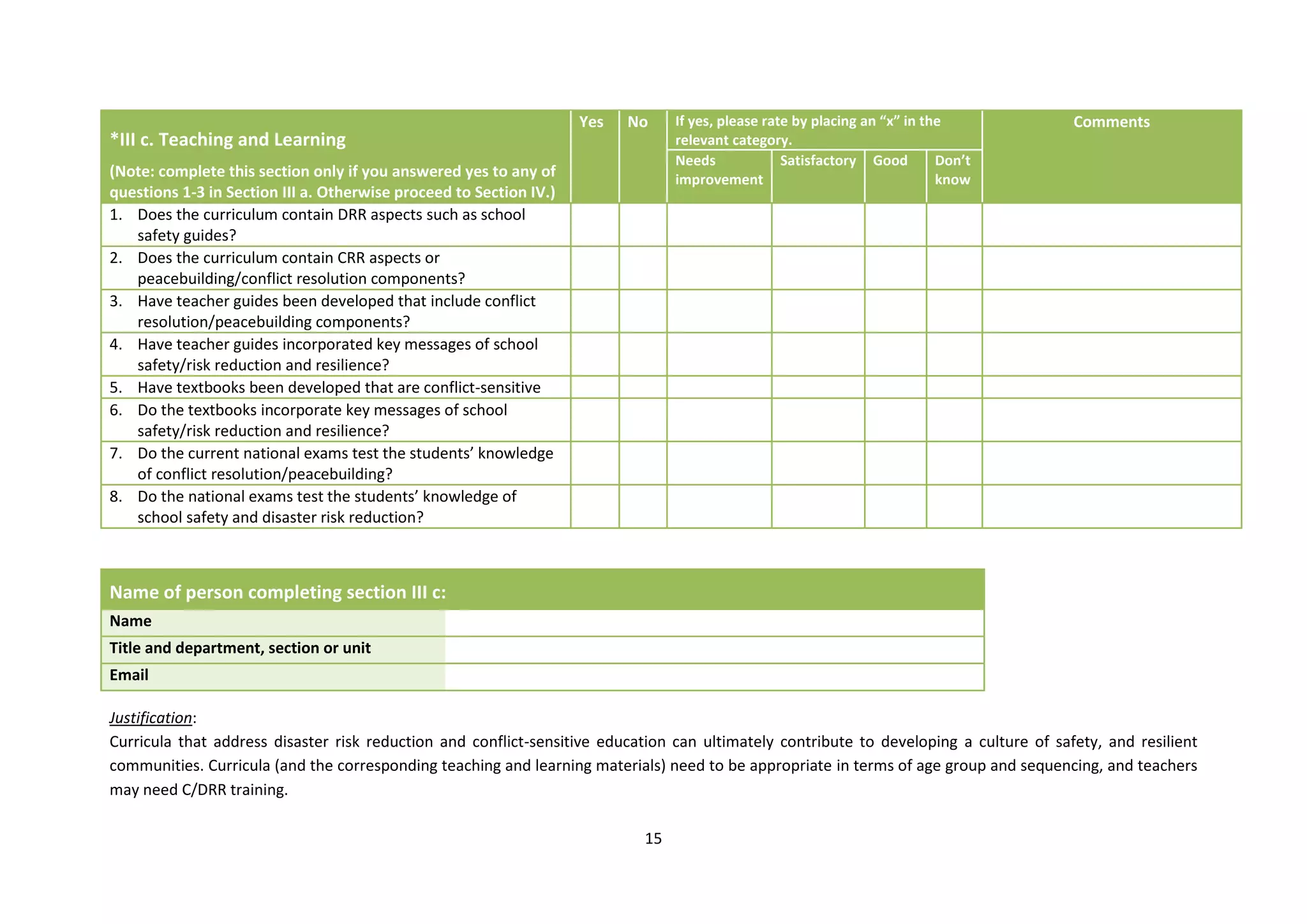 15
*III c. Teaching and Learning
(Note: complete this section only if you answered yes to any of
questions 1-3 in Section III a. Otherwise proceed to Section IV.)
Yes No If yes, please rate by placing an “x” in the
relevant category.
Comments
Needs
improvement
Satisfactory Good Don’t
know
1. Does the curriculum contain DRR aspects such as school
safety guides?
2. Does the curriculum contain CRR aspects or
peacebuilding/conflict resolution components?
3. Have teacher guides been developed that include conflict
resolution/peacebuilding components?
4. Have teacher guides incorporated key messages of school
safety/risk reduction and resilience?
5. Have textbooks been developed that are conflict-sensitive
6. Do the textbooks incorporate key messages of school
safety/risk reduction and resilience?
7. Do the current national exams test the students’ knowledge
of conflict resolution/peacebuilding?
8. Do the national exams test the students’ knowledge of
school safety and disaster risk reduction?
Name of person completing section III c:
Name
Title and department, section or unit
Email
Justification:
Curricula that address disaster risk reduction and conflict-sensitive education can ultimately contribute to developing a culture of safety, and resilient
communities. Curricula (and the corresponding teaching and learning materials) need to be appropriate in terms of age group and sequencing, and teachers
may need C/DRR training.
 