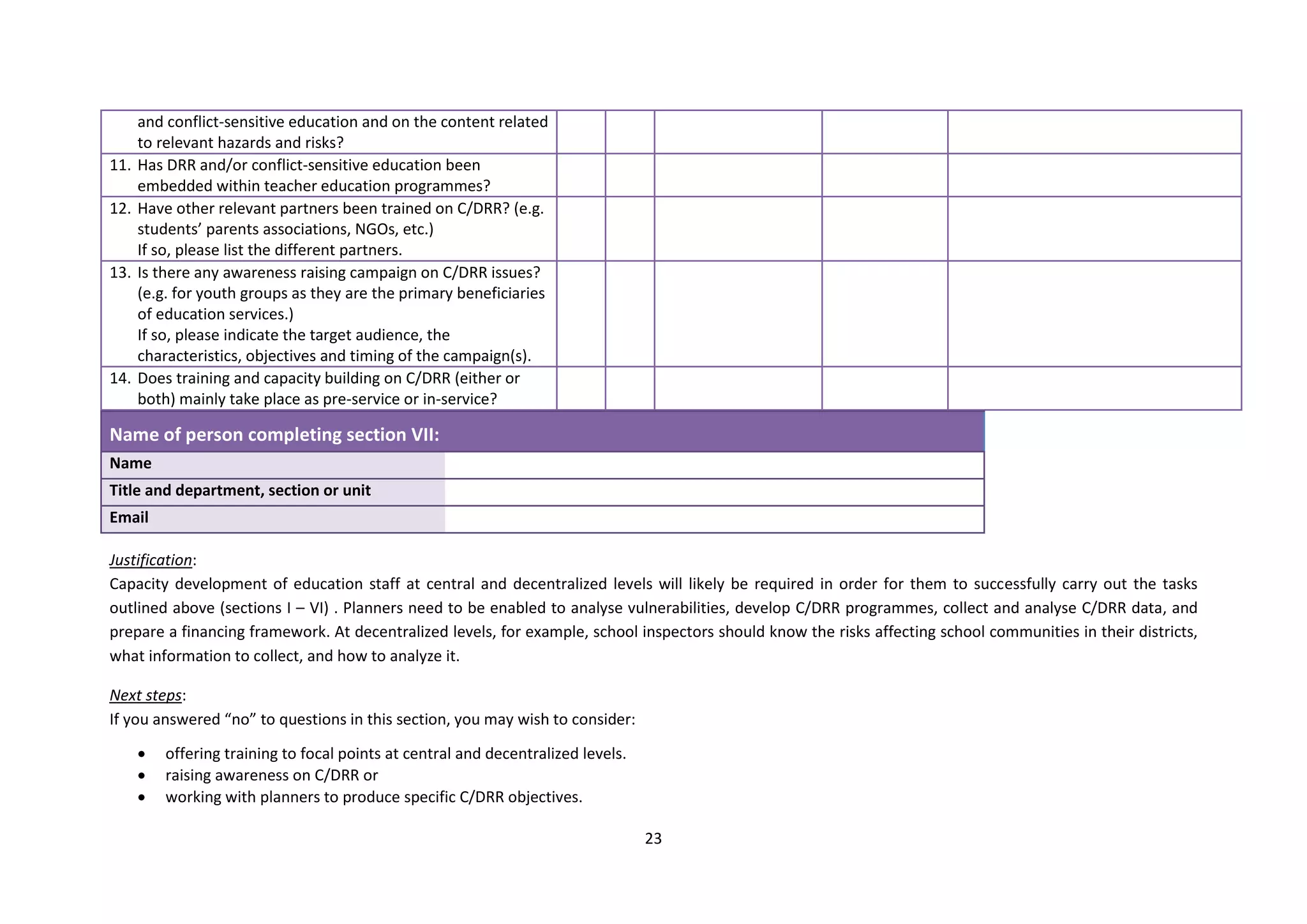 23
and conflict-sensitive education and on the content related
to relevant hazards and risks?
11. Has DRR and/or conflict-sensitive education been
embedded within teacher education programmes?
12. Have other relevant partners been trained on C/DRR? (e.g.
students’ parents associations, NGOs, etc.)
If so, please list the different partners.
13. Is there any awareness raising campaign on C/DRR issues?
(e.g. for youth groups as they are the primary beneficiaries
of education services.)
If so, please indicate the target audience, the
characteristics, objectives and timing of the campaign(s).
14. Does training and capacity building on C/DRR (either or
both) mainly take place as pre-service or in-service?
Name of person completing section VII:
Name
Title and department, section or unit
Email
Justification:
Capacity development of education staff at central and decentralized levels will likely be required in order for them to successfully carry out the tasks
outlined above (sections I – VI) . Planners need to be enabled to analyse vulnerabilities, develop C/DRR programmes, collect and analyse C/DRR data, and
prepare a financing framework. At decentralized levels, for example, school inspectors should know the risks affecting school communities in their districts,
what information to collect, and how to analyze it.
Next steps:
If you answered “no” to questions in this section, you may wish to consider:
 offering training to focal points at central and decentralized levels.
 raising awareness on C/DRR or
 working with planners to produce specific C/DRR objectives.
 