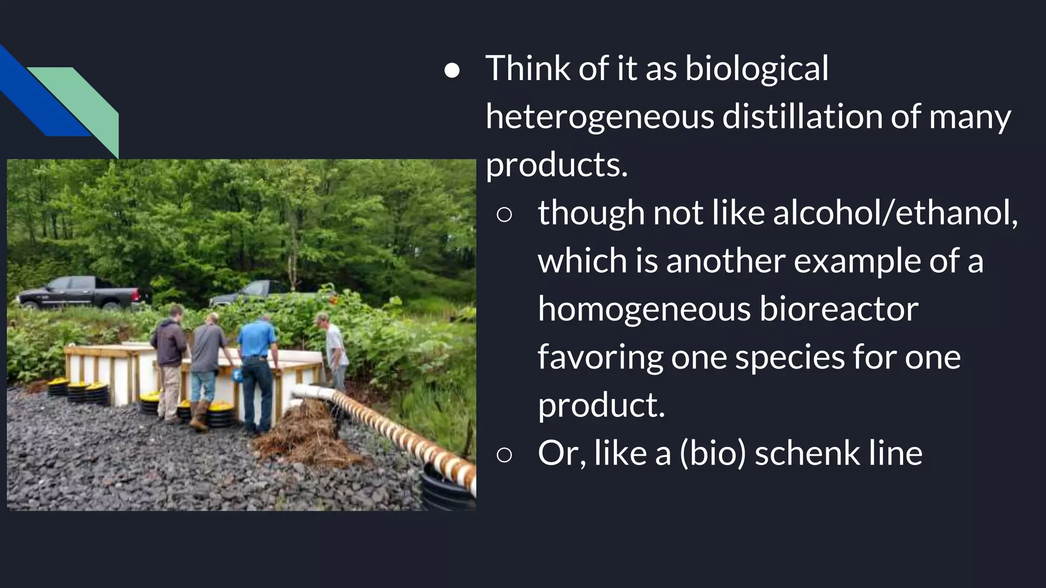 ● Think of it as biological
heterogeneous distillation of many
products.
○ though not like alcohol/ethanol,
which is another example of a
homogeneous bioreactor
favoring one species for one
product.
○ Or, like a (bio) schenk line
 