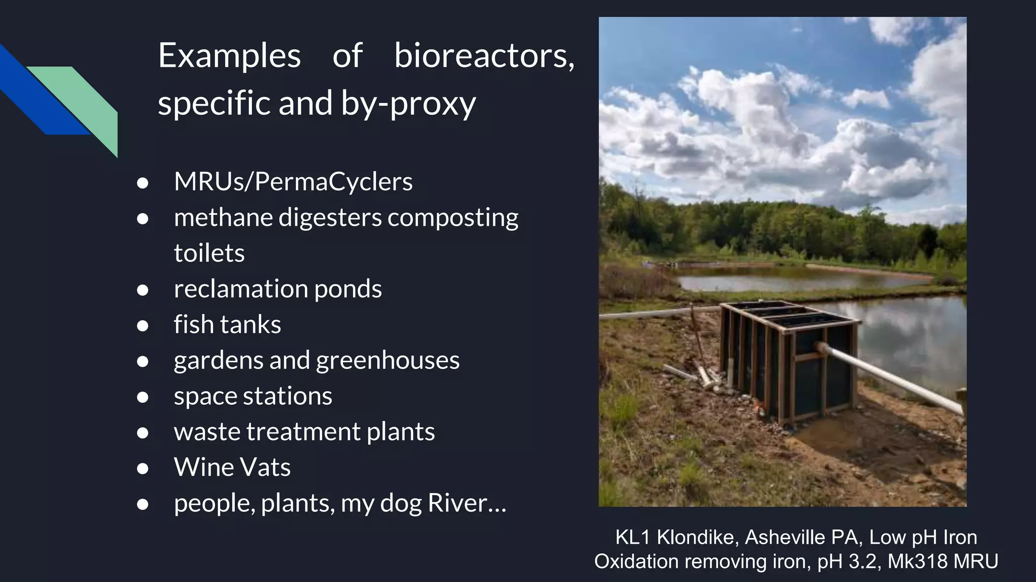 Examples of bioreactors,
specific and by-proxy
● MRUs/PermaCyclers
● methane digesters composting
toilets
● reclamation ponds
● fish tanks
● gardens and greenhouses
● space stations
● waste treatment plants
● Wine Vats
● people, plants, my dog River…
KL1 Klondike, Asheville PA, Low pH Iron
Oxidation removing iron, pH 3.2, Mk318 MRU
 