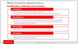 Copyright © 2014, Oracle and/or its affiliates. All rights reserved. |
• One consistent user interface for all modules and all actions
• Provide consistent experience from mobile or desktop to Cloud or On-Premise solution
Unification
• Easy to use, even if used only once a year - Shopping Cart, Smart Searches, Recommendations
• Empower your business user to take right decision - Provide complete contextual information
to requester, approver, certifier and auditor
Simplification
• Use the terms business uses – not the IT terms, Use Business Glossary
Terminology
• Single Platform that provides complete solution for Processes & Compliance
• Layered approach for mapping business to IT
Innovation
What should be industry focus…
Simplification, Unification and Innovation
 