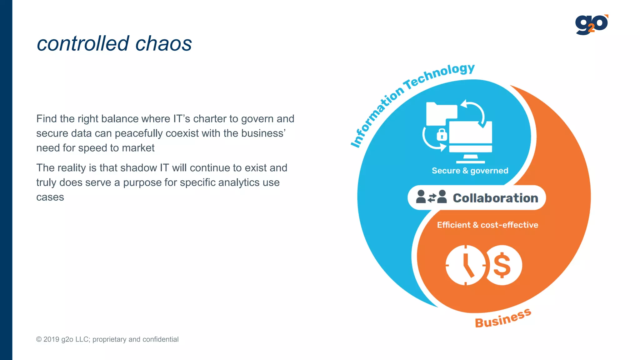 Find the right balance where IT’s charter to govern and
secure data can peacefully coexist with the business’
need for speed to market
The reality is that shadow IT will continue to exist and
truly does serve a purpose for specific analytics use
cases
controlled chaos
© 2019 g2o LLC; proprietary and confidential
 