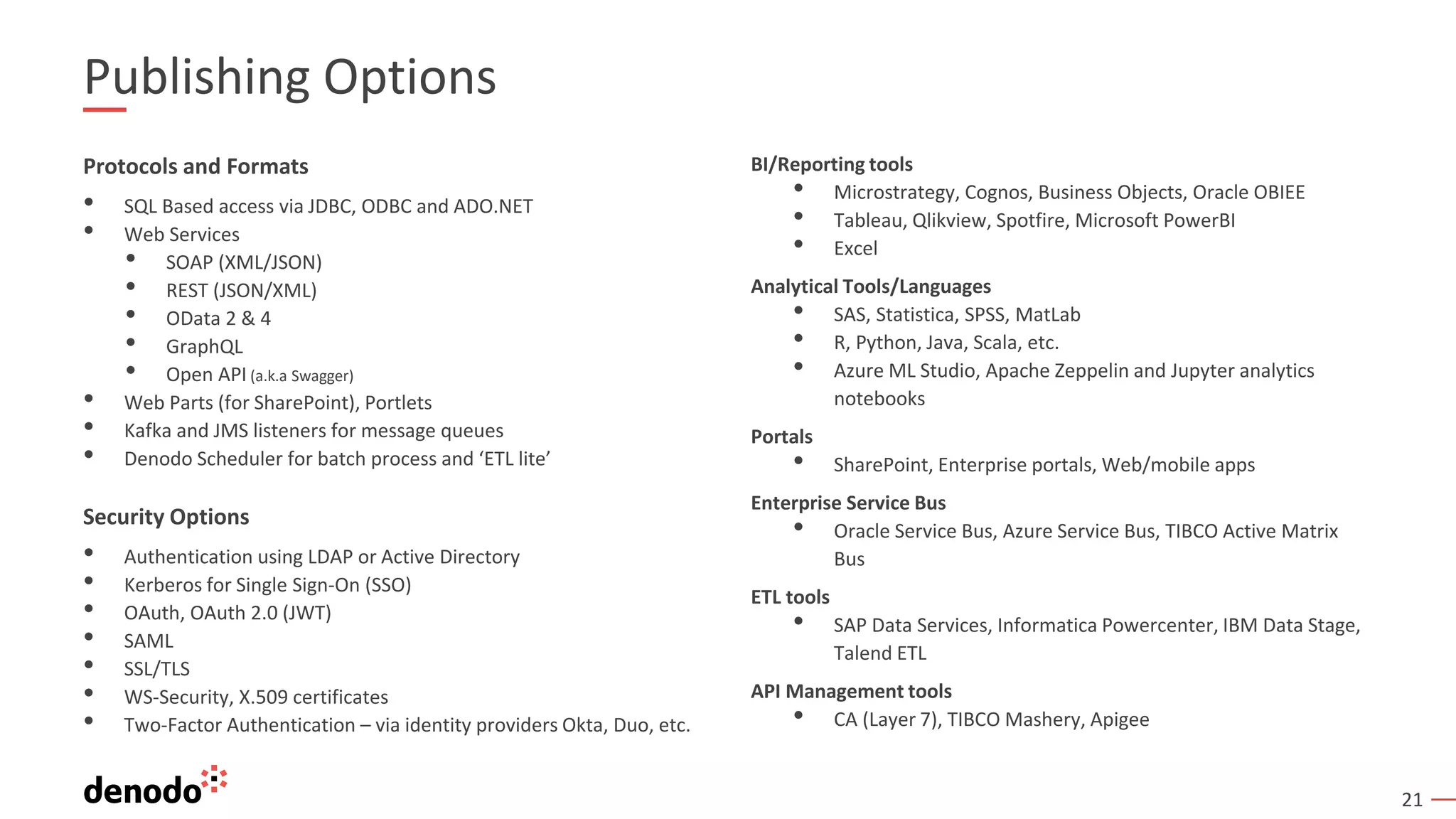 21
Protocols and Formats
• SQL Based access via JDBC, ODBC and ADO.NET
• Web Services
• SOAP (XML/JSON)
• REST (JSON/XML)
• OData 2 & 4
• GraphQL
• Open API (a.k.a Swagger)
• Web Parts (for SharePoint), Portlets
• Kafka and JMS listeners for message queues
• Denodo Scheduler for batch process and ‘ETL lite’
Security Options
• Authentication using LDAP or Active Directory
• Kerberos for Single Sign-On (SSO)
• OAuth, OAuth 2.0 (JWT)
• SAML
• SSL/TLS
• WS-Security, X.509 certificates
• Two-Factor Authentication – via identity providers Okta, Duo, etc.
BI/Reporting tools
• Microstrategy, Cognos, Business Objects, Oracle OBIEE
• Tableau, Qlikview, Spotfire, Microsoft PowerBI
• Excel
Analytical Tools/Languages
• SAS, Statistica, SPSS, MatLab
• R, Python, Java, Scala, etc.
• Azure ML Studio, Apache Zeppelin and Jupyter analytics
notebooks
Portals
• SharePoint, Enterprise portals, Web/mobile apps
Enterprise Service Bus
• Oracle Service Bus, Azure Service Bus, TIBCO Active Matrix
Bus
ETL tools
• SAP Data Services, Informatica Powercenter, IBM Data Stage,
Talend ETL
API Management tools
• CA (Layer 7), TIBCO Mashery, Apigee
Publishing Options
 