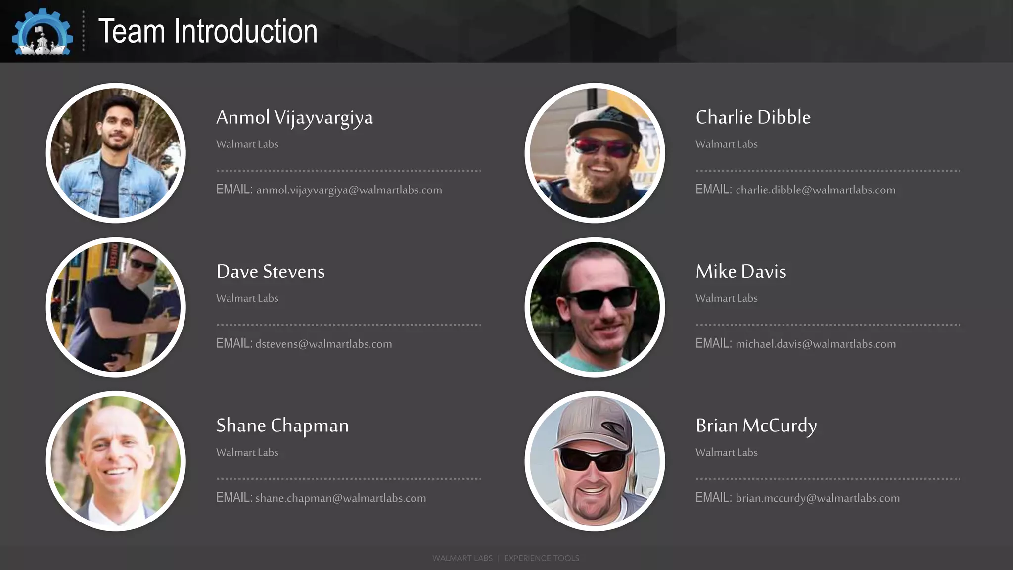 Team Introduction
Anmol Vijayvargiya
WalmartLabs
EMAIL: anmol.vijayvargiya@walmartlabs.com
Dave Stevens
WalmartLabs
EMAIL: dstevens@walmartlabs.com
CharlieDibble
WalmartLabs
EMAIL: charlie.dibble@walmartlabs.com
MikeDavis
WalmartLabs
EMAIL: michael.davis@walmartlabs.com
Shane Chapman
WalmartLabs
EMAIL: shane.chapman@walmartlabs.com
BrianMcCurdy
WalmartLabs
EMAIL: brian.mccurdy@walmartlabs.com
 