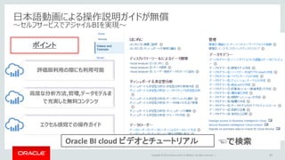 Copyright © 2015 Oracle and/or its affiliates. All rights reserved. | 37
日本語動画による操作説明ガイドが無償
～セルフサービスでアジャイルBIを実現～
評価版利用の際にも利用可能
高度な分析方法,管理,データモデルま
で充実した無料コンテンツ
エクセル感覚での操作ガイド
ポイント
Oracle BI cloud ビデオとチュートリアル ☜で検索
 