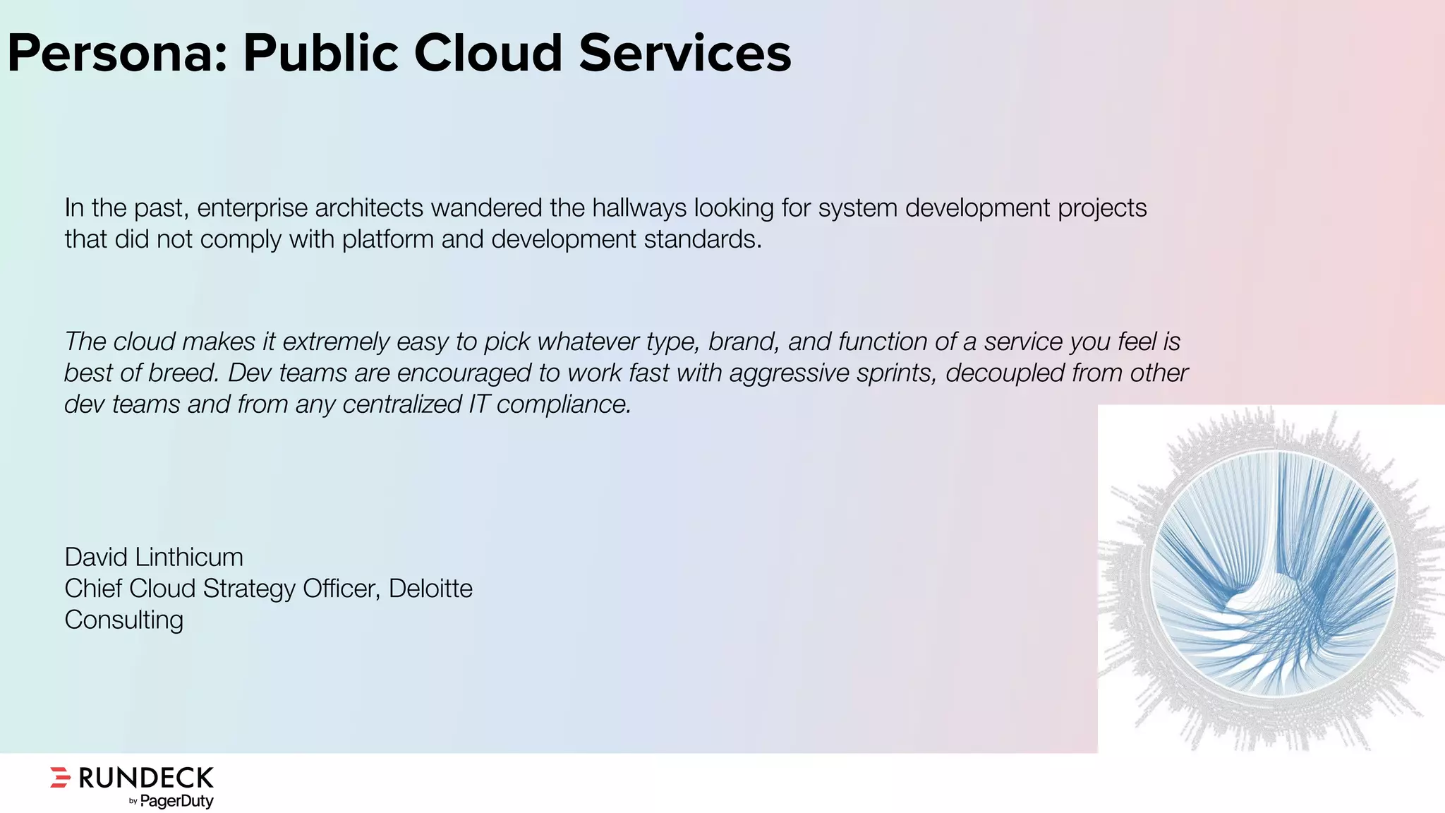 Persona: Public Cloud Services
In the past, enterprise architects wandered the hallways looking for system development projects
that did not comply with platform and development standards.
The cloud makes it extremely easy to pick whatever type, brand, and function of a service you feel is
best of breed. Dev teams are encouraged to work fast with aggressive sprints, decoupled from other
dev teams and from any centralized IT compliance.
David Linthicum
Chief Cloud Strategy Oﬃcer, Deloitte
Consulting
 