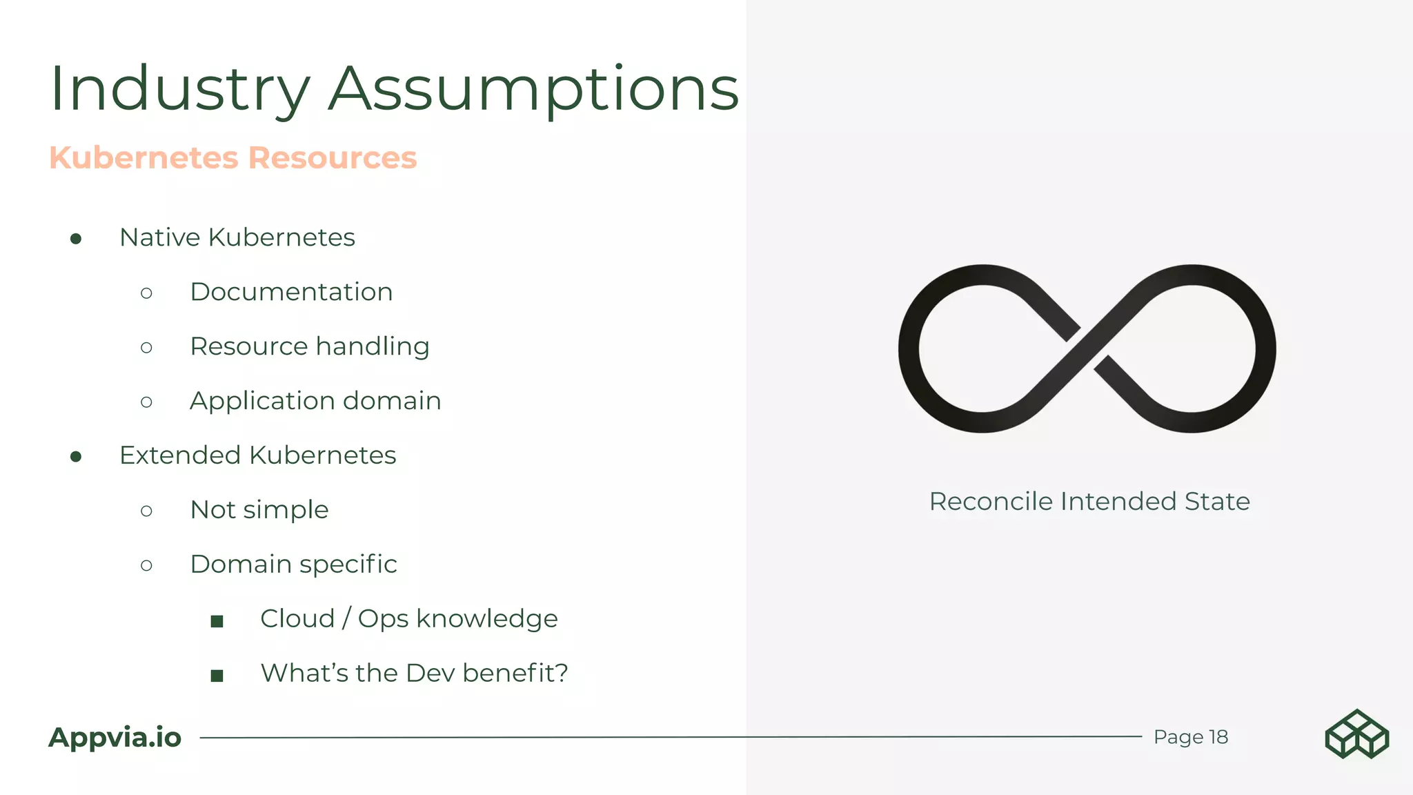 Appvia.io
Industry Assumptions
● Native Kubernetes
○ Documentation
○ Resource handling
○ Application domain
● Extended Kubernetes
○ Not simple
○ Domain speciﬁc
■ Cloud / Ops knowledge
■ What’s the Dev beneﬁt?
Kubernetes Resources
Page 18
Reconcile Intended State
 