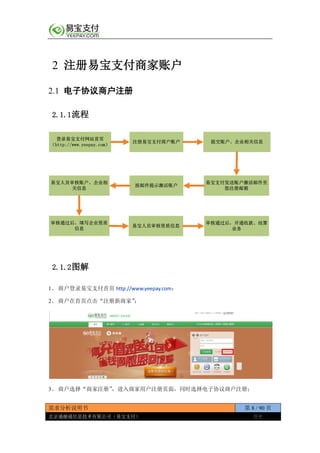 需求分析说明书 第 8 / 90 页
北京通融通信息技术有限公司（易宝支付） 保密
2 注册易宝支付商家账户
2.1 电子协议商户注册
2.1.1流程
登录易宝支付网站首页
（http://www.yeepay.com）
注册易宝支付商户账户 提交账户、企业相关信息
易宝支付发送账户激活邮件至
您注册邮箱
按邮件提示激活账户
易宝人员审核账户、企业相
关信息
审核通过后，填写企业资质
信息
易宝人员审核资质信息
审核通过后，开通收款、结算
业务
2.1.2图解
1、 商户登录易宝支付首页 http://www.yeepay.com；
2、 商户在首页点击“注册新商家”；
3、 商户选择“商家注册”，进入商家用户注册页面，同时选择电子协议商户注册；
 
