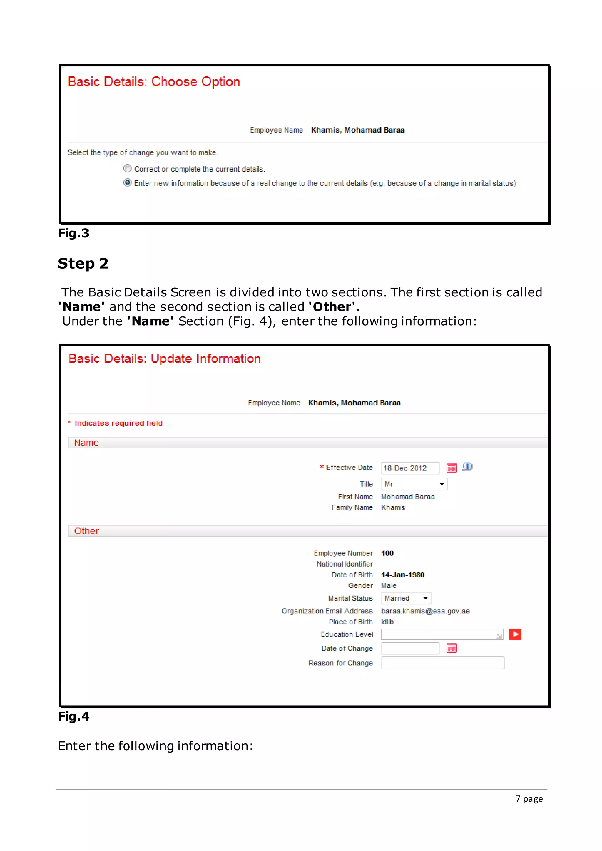 7 page
Fig.3
Step 2
The Basic Details Screen is divided into two sections. The first section is called
'Name' and the second section is called 'Other'.
Under the 'Name' Section (Fig. 4), enter the following information:
Fig.4
Enter the following information:
 