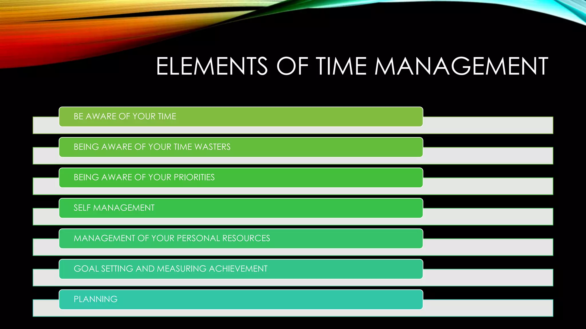 ELEMENTS OF TIME MANAGEMENT
BE AWARE OF YOUR TIME
BEING AWARE OF YOUR TIME WASTERS
BEING AWARE OF YOUR PRIORITIES
SELF MANAGEMENT
MANAGEMENT OF YOUR PERSONAL RESOURCES
GOAL SETTING AND MEASURING ACHIEVEMENT
PLANNING
 