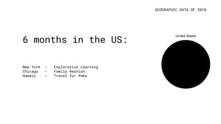 GEOGRAPHIC DATA OF 2018
6 months in the US:
New York - Explorative Learning
Chicago - Family Reunion
Hawaii - Travel for Poke
United States
 