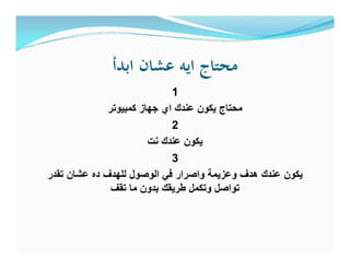 ‫اﺑﺪأ‬ ‫ﻋﺸﺎن‬ ‫اﻳﻪ‬ ‫ﻣﺤﺘﺎج‬
1
‫ﻛﻣﺑﯾوﺗر‬ ‫ﺟﮭﺎز‬ ‫اي‬ ‫ﻋﻧدك‬ ‫ﯾﻛون‬ ‫ﻣﺣﺗﺎج‬
2
‫ﻧت‬ ‫ﻋﻧدك‬ ‫ﯾﻛون‬
3
‫ﺗﻘدر‬ ‫ﻋﺷﺎن‬ ‫ده‬ ‫ﻟﻠﮭدف‬ ‫اﻟوﺻول‬ ‫ﻓﻲ‬ ‫واﺻرار‬ ‫وﻋزﯾﻣﺔ‬ ‫ھدف‬ ‫ﻋﻧدك‬ ‫ﯾﻛون‬
‫ﺗﻘف‬ ‫ﻣﺎ‬ ‫ﺑدون‬ ‫طرﯾﻘك‬ ‫وﺗﻛﻣل‬ ‫ﺗواﺻل‬
 