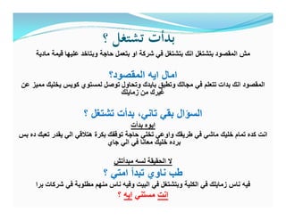 ‫؟‬ ‫ﺗﺸﺘﻐﻞ‬ ‫ﺑﺪأت‬
‫ﻣﺎدﯾﺔ‬ ‫ﻗﯾﻣﺔ‬ ‫ﻋﻠﯾﮭﺎ‬ ‫وﺑﺗﺎﺧد‬ ‫ﺣﺎﺟﺔ‬ ‫ﺑﺗﻌﻣل‬ ‫او‬ ‫ﺷرﻛﺔ‬ ‫ﻓﻲ‬ ‫ﺑﺗﺷﺗﻐل‬ ‫اﻧك‬ ‫ﺑﺗﺷﺗﻐل‬ ‫اﻟﻣﻘﺻود‬ ‫ﻣش‬
‫اﻟﻣﻘﺻود؟‬ ‫اﯾﮫ‬ ‫اﻣﺎل‬
‫ﻋن‬ ‫ﻣﻣﯾز‬ ‫ﯾﺧﻠﯾك‬ ‫ﻛوﯾس‬ ‫ﻟﻣﺳﺗوي‬ ‫ﺗوﺻل‬ ‫وﺗﺣﺎول‬ ‫ﺑﺎﯾدك‬ ‫وﺗطﺑق‬ ‫ﻣﺟﺎﻟك‬ ‫ﻓﻲ‬ ‫ﺗﺗﻌﻠم‬ ‫ﺑدات‬ ‫اﻧك‬ ‫اﻟﻣﻘﺻود‬
‫زﻣﺎﯾﻠك‬ ‫ﻣن‬ ‫ﻏﯾرك‬
‫؟‬ ‫ﺗﺷﺗﻐل‬ ‫ﺑدأت‬ ،‫ﺗﺎﻧﻲ‬ ‫ﺑﻘﻲ‬ ‫اﻟﺳؤال‬
‫ﺑدأت‬ ‫اﯾوه‬
‫ﺑس‬ ‫ده‬ ‫ﺗﻌﺑك‬ ‫ﯾﻘدر‬ ‫اﻟﻲ‬ ‫ھﺗﻼﻗﻲ‬ ‫ﺑﻛرة‬ ‫ﺗوﻗﻔك‬ ‫ﺣﺎﺟﺔ‬ ‫ﺗﺧﻠﻲ‬ ‫واوﻋﻲ‬ ‫طرﯾﻘك‬ ‫ﻓﻲ‬ ‫ﻣﺎﺷﻲ‬ ‫ﺧﻠﯾك‬ ‫ﺗﻣﺎم‬ ‫ﻛده‬ ‫اﻧت‬
‫ﺟﺎي‬ ‫اﻟﻲ‬ ‫ﻓﻲ‬ ‫ﻣﻌﺎﻧﺎ‬ ‫ﺧﻠﯾك‬ ‫ﺑرده‬
‫ﻣﺑدأﺗش‬ ‫ﻟﺳﮫ‬ ‫اﻟﺣﻘﯾﻘﺔ‬ ‫ﻻ‬
‫؟‬ ‫اﻣﺗﻲ‬ ‫ﺗﺑدأ‬ ‫ﻧﺎوي‬ ‫طب‬
‫وﺑﺗﺷﺗﻐل‬ ‫اﻟﻛﻠﯾﺔ‬ ‫ﻓﻲ‬ ‫زﻣﺎﯾﻠك‬ ‫ﻧﺎس‬ ‫ﻓﯾﮫ‬‫ﺑرا‬ ‫ﺷرﻛﺎت‬ ‫ﻓﻲ‬ ‫ﻣطﻠوﺑﺔ‬ ‫ﻣﻧﮭم‬ ‫ﻧﺎس‬ ‫وﻓﯾﮫ‬ ‫اﻟﺑﯾت‬ ‫ﻓﻲ‬
‫؟‬ ‫اﯾﮫ‬ ‫ﻣﺳﺗﻧﻲ‬ ‫اﻧت‬
 