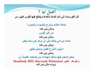 ‫؟‬ ‫اﻳﻪ‬ ‫أﻋﻤﻞ‬
‫دي‬ ‫ﻛﺗﯾﯾر‬ ‫ﻓﻠوس‬ ‫ﻓﯾﮭﺎ‬ ‫وﺑﺗدﻓﻊ‬ ‫ﺗﺎﺧدھﺎ‬ ‫ﻧﻔﺳك‬ ‫اﻧت‬ ‫اﻟﻲ‬ ‫اﻟﻛورﺳﺎت‬ ‫ﻛل‬
‫واﻟﺻورة‬ ‫ﺑﺎﻟﺻوت‬ ‫وﺷرح‬ ‫ﻋﺎﻟﻧت‬ ‫ﻣﺗﺎﺣﺔ‬
‫ﻛده‬ ‫ﺑس‬ ‫وﻣش‬
‫ﻓﻠوس‬ ‫ﻏﯾر‬ ‫ﻣن‬
‫ﻛده‬ ‫ﺑس‬ ‫وﻣش‬
‫ﺑﻛﺗﯾر‬ ‫ﻛورﺳﺎت‬ ‫ﻣرﻛز‬ ‫اي‬ ‫ﻓﻲ‬ ‫ﺑﺗﺎﺧده‬ ‫اﻟﻲ‬ ‫ﻣن‬ ‫اﺣدث‬
‫ﻛده‬ ‫ﺑس‬ ‫وﻣش‬
‫ﺑﻛﺗﯾﯾر‬ ‫واﺷﻣل‬ ‫اﻓﺿل‬ ‫اﻟﺷرح‬ ‫اﺳﻠوب‬
‫ﻛده‬ ‫ﺑس‬ ‫وﻣش‬
‫زي‬ ‫ﻋﺎﻟﻣﯾﺔ‬ ‫ﺟﺎﻣﻌﺎت‬ ‫ﻣن‬ ‫ﺷﮭﺎدات‬ ‫وﺗﺎﺧد‬ ‫ﻓﯾﮭﺎ‬ ‫ﺗﻣﺗﺣن‬ ‫ﻣﻣﻛن‬
Stanford, MIT, Harvard, Princeton ‫ﻛﺗﯾﯾر‬ ‫وﻏﯾرھم‬
‫ﻛده‬ ‫ﺑس‬ ‫ﻣش‬ ‫وﺑرده‬
 