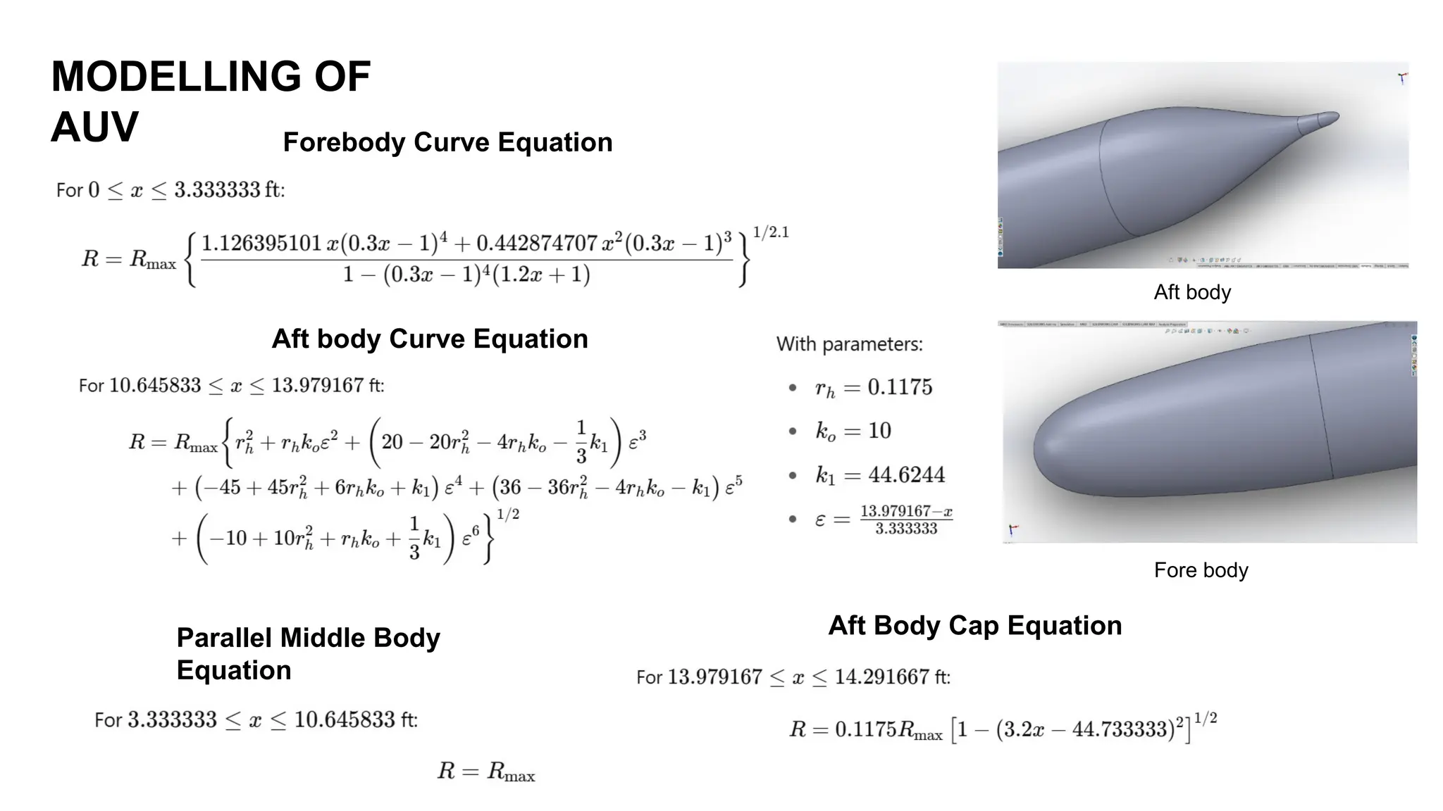 MODELLING OF
AUV
Aft body
Forebody Curve Equation
Aft body Curve Equation
Parallel Middle Body
Equation
Aft Body Cap Equation
Fore body
 