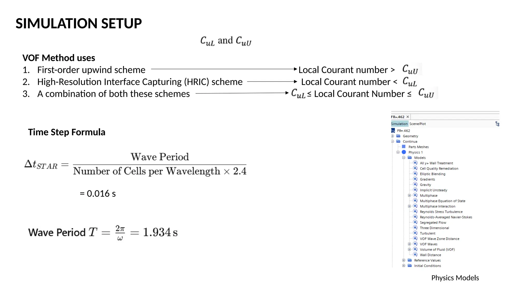 SIMULATION SETUP
VOF Method uses
1. First-order upwind scheme Local Courant number >
2. High-Resolution Interface Capturing (HRIC) scheme Local Courant number <
3. A combination of both these schemes ≤ Local Courant Number ≤
Time Step Formula
= 0.016 s
Physics Models
 