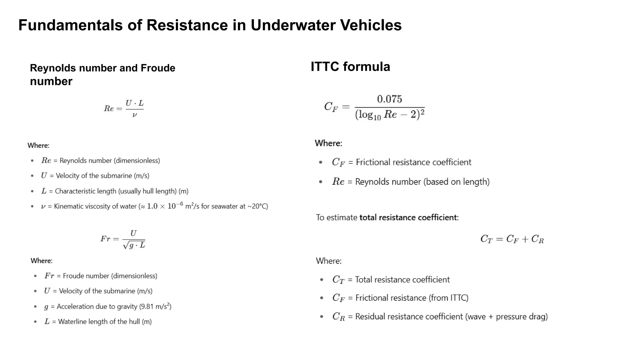 Fundamentals of Resistance in Underwater Vehicles
Reynolds number and Froude
number
ITTC formula
 