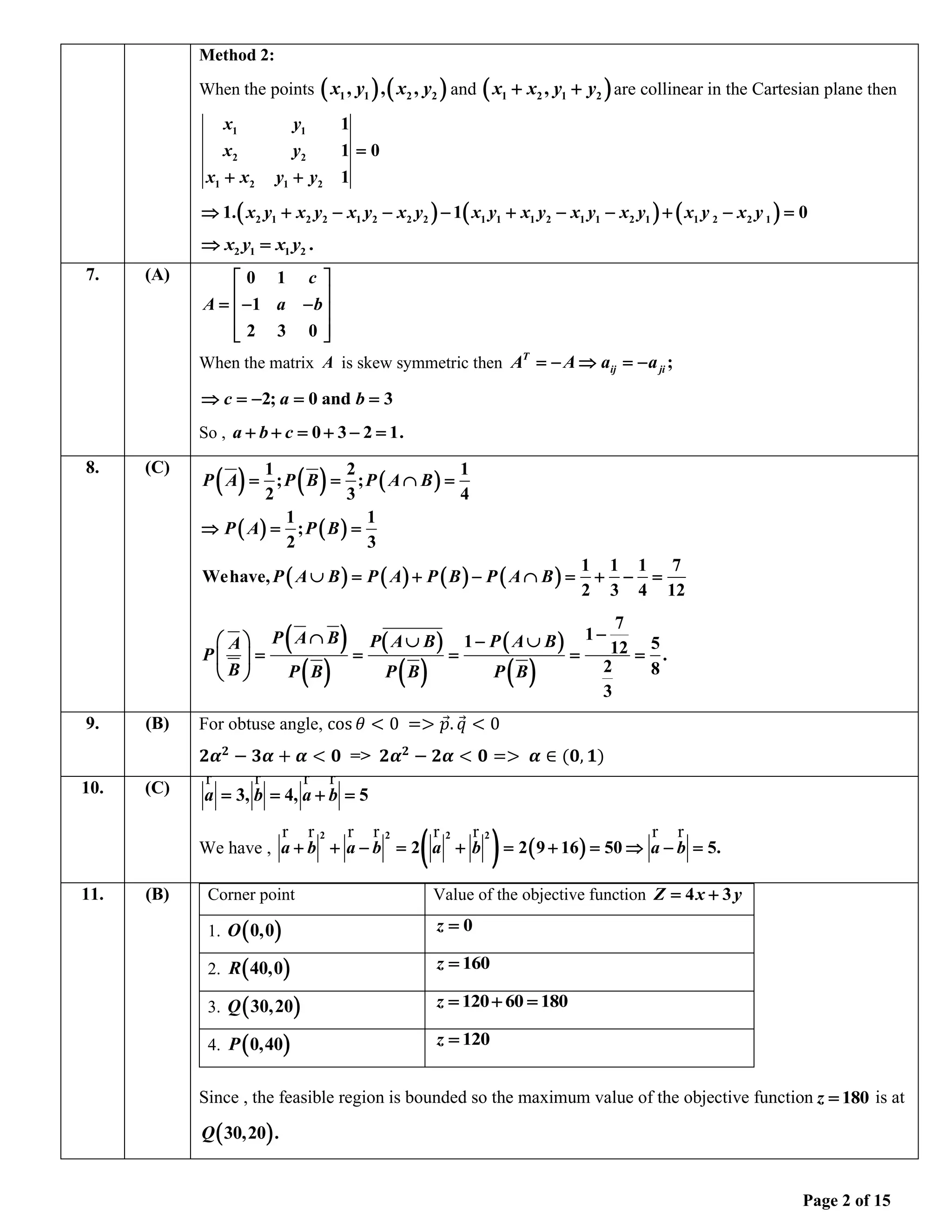 Page 2 of 15
Method 2:
When the points ( ) ( )
1 1 2 2
, , ,
x y x y and ( )
1 2 1 2
,
x x y y
+ + are collinear in the Cartesian plane then
1 1
2 2
1 2 1 2
1
1 0
1
x y
x y
x x y y
=
+ +
( ) ( ) ( )
2 1 2 2 1 2 2 2 1 1 1 2 1 1 2 1 1 2 2 1
1. 1 0
x y x y x y x y x y x y x y x y x y x y
 + − − − + − − + − =
2 1 1 2 .
x y x y
 =
7. (A) 0 1
1
2 3 0
c
A a b
 
 
= − −
 
 
 
When the matrix A is skew symmetric then ;
T
ij ji
A A a a
= −  = −
2; 0 and 3
c a b
 = − = =
So , 0 3 2 1.
a b c
+ + = + − =
8. (C)
( ) ( ) ( )
( ) ( )
( ) ( ) ( ) ( )
1 2 1
; ;
2 3 4
1 1
;
2 3
1 1 1 7
Wehave,
2 3 4 12
P A P B P A B
P A P B
P A B P A P B P A B
= =  =
 = =
 = + −  = + − =
( )
( )
( )
( )
( )
( )
7
1
1 5
12 .
2 8
3
P A B P A B P A B
A
P
B P B P B P B
−

   − 
= = = = =
 
 
9. (B) For obtuse angle, cos 𝜃 < 0 => 𝑝
⃗. 𝑞
⃗ < 0
𝟐𝜶𝟐
− 𝟑𝜶 + 𝜶 < 𝟎 => 𝟐𝜶𝟐
− 𝟐𝜶 < 𝟎 => 𝜶 ∈ (𝟎, 𝟏)
10. (C) 3, 4, 5
a b a b
= = + =
r r r r
We have , ( ) ( )
2 2 2 2
2 2 9 16 50 5.
a b a b a b a b
+ + − = + = + =  − =
r r r r r r r r
11. (B) Corner point Value of the objective function 4 3
Z x y
= +
1. ( )
0,0
O 0
z =
2. ( )
40,0
R 160
z =
3. ( )
30,20
Q 120 60 180
z = + =
4. ( )
0,40
P 120
z =
Since , the feasible region is bounded so the maximum value of the objective function 180
z = is at
( )
30,20 .
Q
 