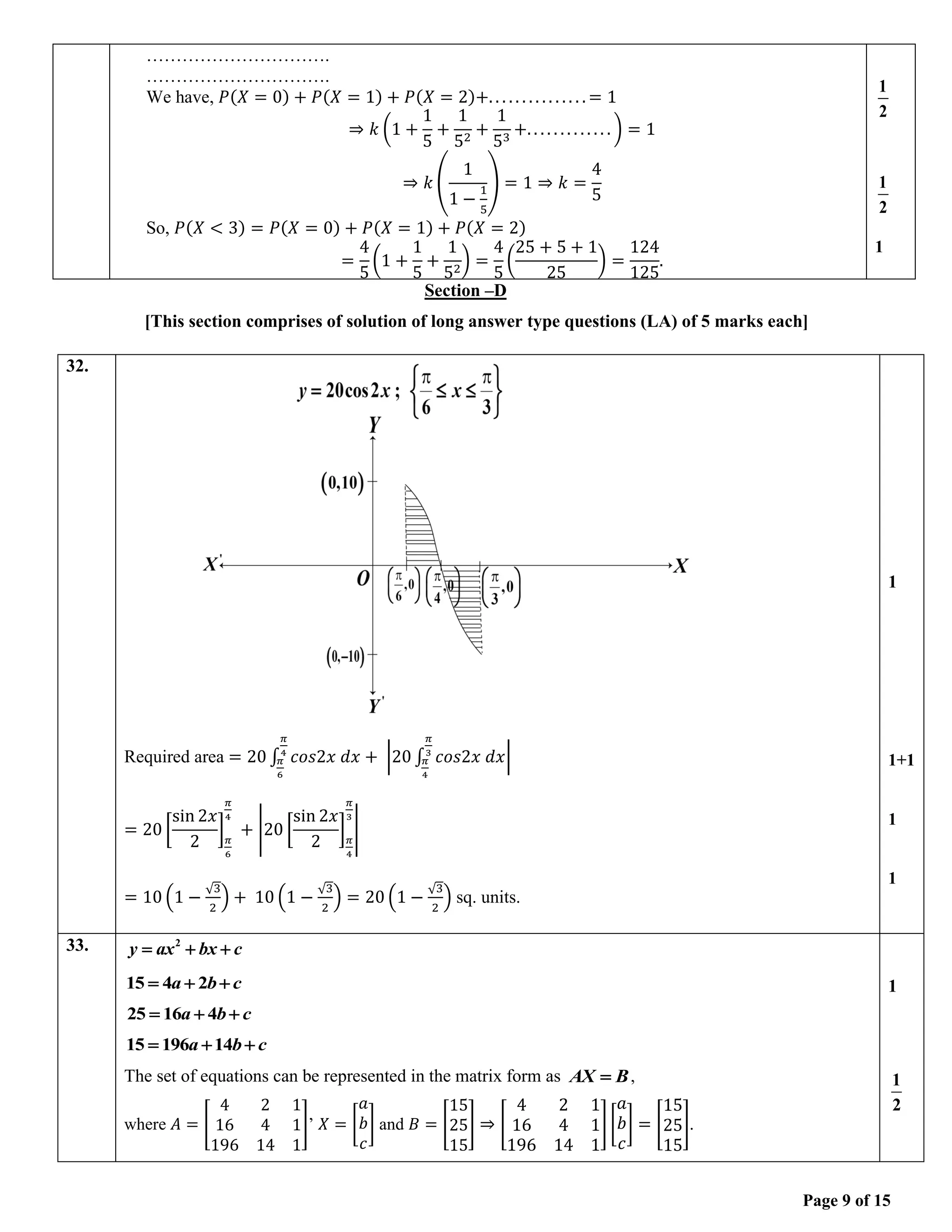 Page 9 of 15
Section –D
[This section comprises of solution of long answer type questions (LA) of 5 marks each]
………………………….
………………………….
We have, 𝑃(𝑋 = 0) + 𝑃(𝑋 = 1) + 𝑃(𝑋 = 2)+. . . . . . . . . . . . . . . = 1
⇒ 𝑘 (1 +
1
5
+
1
52
+
1
53
+. . . . . . . . . . . . . ) = 1
⇒ 𝑘 (
1
1 −
1
5
) = 1 ⇒ 𝑘 =
4
5
So, 𝑃(𝑋 < 3) = 𝑃(𝑋 = 0) + 𝑃(𝑋 = 1) + 𝑃(𝑋 = 2)
=
4
5
(1 +
1
5
+
1
52
) =
4
5
(
25 + 5 + 1
25
) =
124
125
.
1
2
1
2
1
32.
Required area = 20 ∫ 𝑐𝑜𝑠2𝑥 𝑑𝑥 + |20 ∫ 𝑐𝑜𝑠2𝑥 𝑑𝑥
𝜋
3
𝜋
4
|
𝜋
4
𝜋
6
= 20 [
sin 2𝑥
2
]𝜋
6
𝜋
4
+ |20 [
sin 2𝑥
2
]𝜋
4
𝜋
3
|
= 10 (1 −
√3
2
) + 10 (1 −
√3
2
) = 20 (1 −
√3
2
) sq. units.
1
1+1
1
1
33. 2
y ax bx c
= + +
15 4 2
a b c
= + +
25 16 4
a b c
= + +
15 196 14
a b c
= + +
The set of equations can be represented in the matrix form as AX B
= ,
where 𝐴 = [
4 2 1
16 4 1
196 14 1
]’ 𝑋 = [
𝑎
𝑏
𝑐
] and 𝐵 = [
15
25
15
] ⇒ [
4 2 1
16 4 1
196 14 1
] [
𝑎
𝑏
𝑐
] = [
15
25
15
].
1
1
2
 