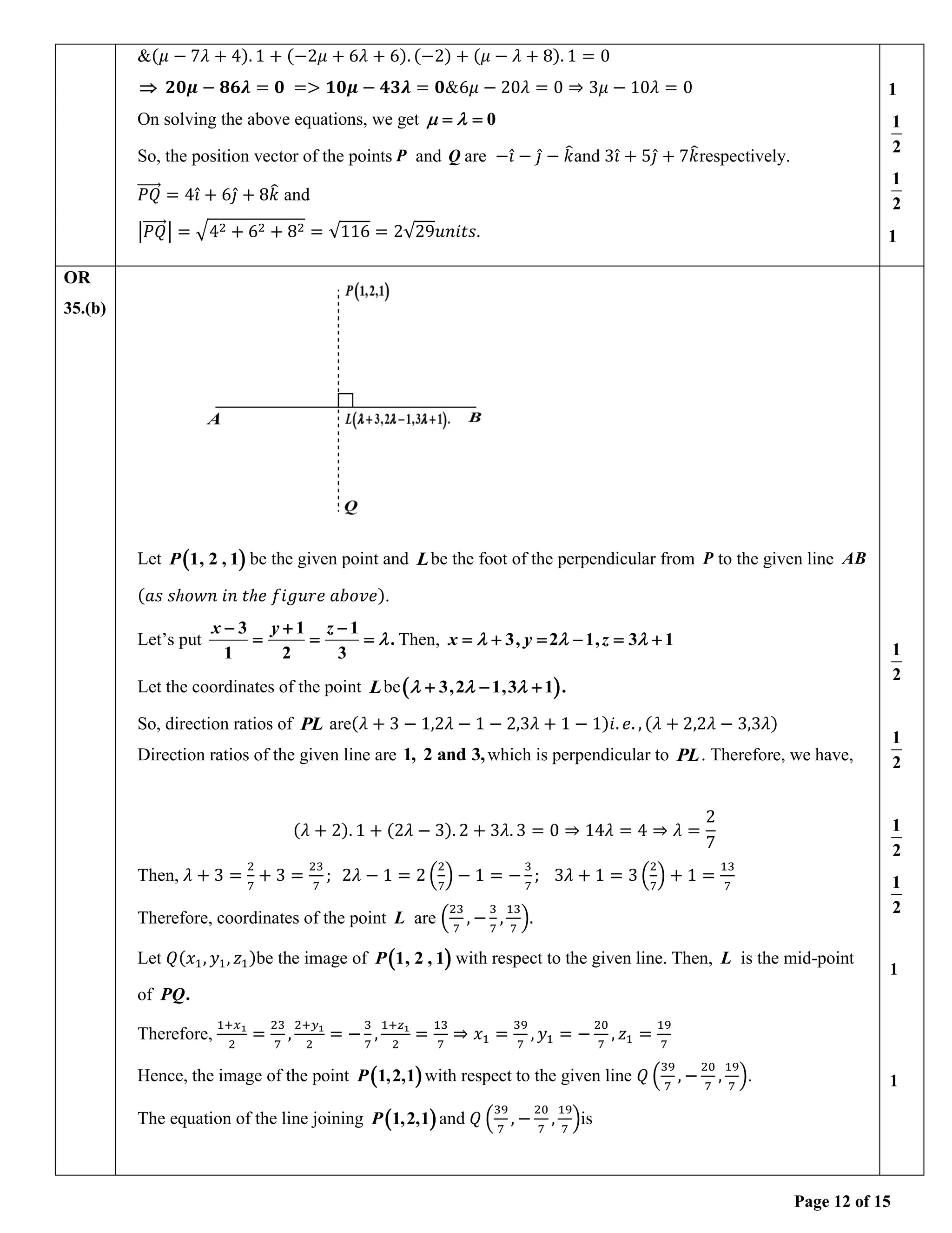 Page 12 of 15
&(𝜇 − 7𝜆 + 4). 1 + (−2𝜇 + 6𝜆 + 6). (−2) + (𝜇 − 𝜆 + 8). 1 = 0
 𝟐𝟎𝝁 − 𝟖𝟔𝝀 = 𝟎 => 𝟏𝟎𝝁 − 𝟒𝟑𝝀 = 𝟎&6𝜇 − 20𝜆 = 0 ⇒ 3𝜇 − 10𝜆 = 0
On solving the above equations, we get 0
 
= =
So, the position vector of the points P and Q are −𝑖̂ − 𝑗̂ − 𝑘
̂and 3𝑖̂ + 5𝑗̂ + 7𝑘
̂respectively.
𝑃𝑄
⃗⃗⃗⃗⃗⃗ = 4𝑖̂ + 6𝑗̂ + 8𝑘
̂ and
|𝑃𝑄
⃗⃗⃗⃗⃗⃗| = √42 + 62 + 82 = √116 = 2√29𝑢𝑛𝑖𝑡𝑠.
1
1
2
1
2
1
OR
35.(b)
Let ( )
1, 2 , 1
P be the given point and Lbe the foot of the perpendicular from P to the given line AB
(𝑎𝑠 𝑠ℎ𝑜𝑤𝑛 𝑖𝑛 𝑡ℎ𝑒 𝑓𝑖𝑔𝑢𝑟𝑒 𝑎𝑏𝑜𝑣𝑒).
Let’s put
3 1 1
.
1 2 3
x y z

− + −
= = = Then, 3, 2 1, 3 1
x y z
  
= + = − = +
Let the coordinates of the point Lbe( )
3,2 1,3 1 .
  
+ − +
So, direction ratios of PL are(𝜆 + 3 − 1,2𝜆 − 1 − 2,3𝜆 + 1 − 1)𝑖. 𝑒. , (𝜆 + 2,2𝜆 − 3,3𝜆)
Direction ratios of the given line are 1, 2 and 3,which is perpendicular to PL. Therefore, we have,
(𝜆 + 2). 1 + (2𝜆 − 3). 2 + 3𝜆. 3 = 0 ⇒ 14𝜆 = 4 ⇒ 𝜆 =
2
7
Then, 𝜆 + 3 =
2
7
+ 3 =
23
7
; 2𝜆 − 1 = 2 (
2
7
) − 1 = −
3
7
; 3𝜆 + 1 = 3 (
2
7
) + 1 =
13
7
Therefore, coordinates of the point L are (
23
7
, −
3
7
,
13
7
).
Let 𝑄(𝑥1, 𝑦1, 𝑧1)be the image of ( )
1, 2 , 1
P with respect to the given line. Then, L is the mid-point
of .
PQ
Therefore,
1+𝑥1
2
=
23
7
,
2+𝑦1
2
= −
3
7
,
1+𝑧1
2
=
13
7
⇒ 𝑥1 =
39
7
, 𝑦1 = −
20
7
, 𝑧1 =
19
7
Hence, the image of the point ( )
1,2,1
P with respect to the given line 𝑄 (
39
7
, −
20
7
,
19
7
).
The equation of the line joining ( )
1,2,1
P and 𝑄 (
39
7
, −
20
7
,
19
7
)is
1
2
1
2
1
2
1
2
1
1
 