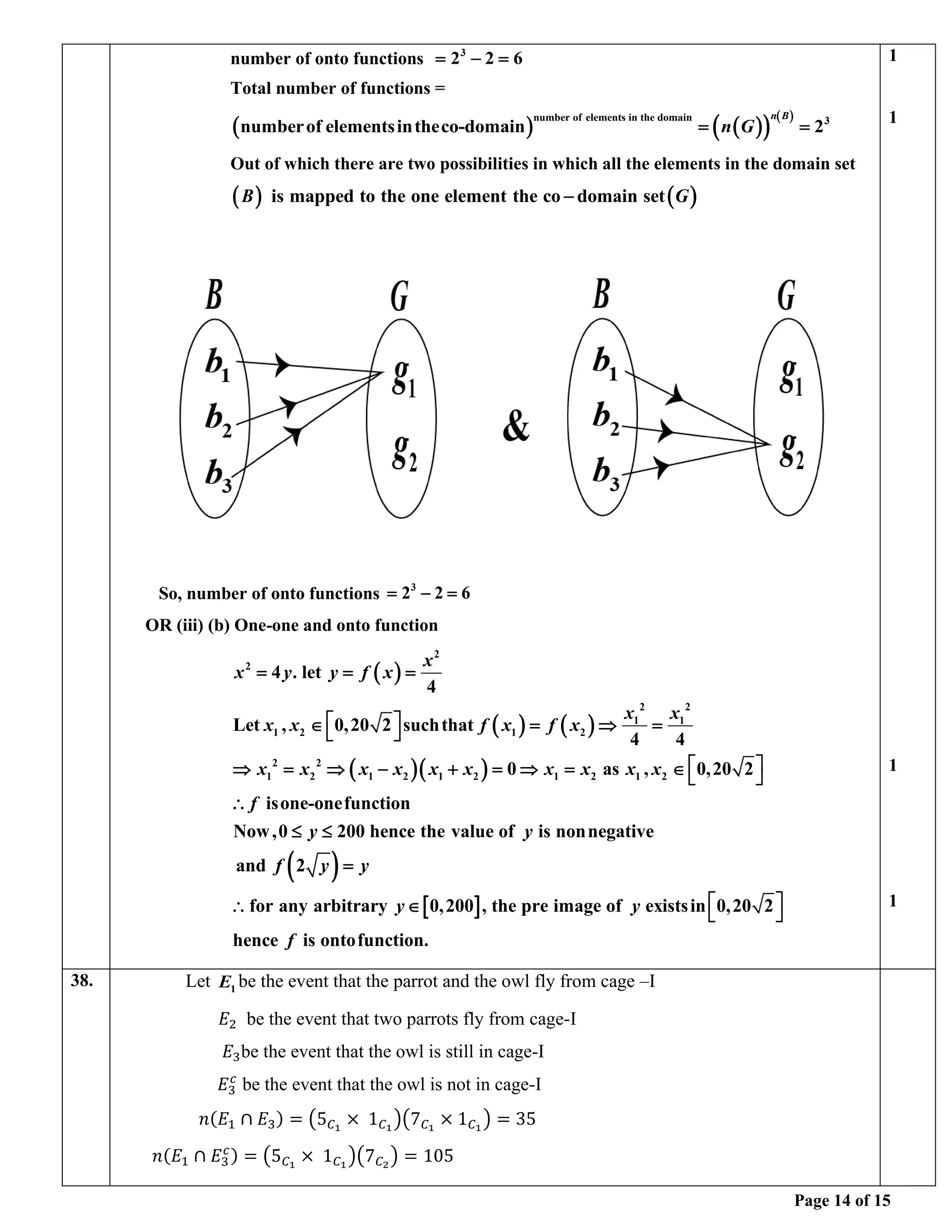 Page 14 of 15
number of onto functions 3
2 2 6
= − =
Total number of functions =
( ) ( )
( )
( )
number of elements in the domain 3
numberof elementsintheco-domain 2
n B
n G
= =
Out of which there are two possibilities in which all the elements in the domain set
( )
B ( )
is mapped to the one element the co domain set G
−
So, number of onto functions 3
2 2 6
= − =
OR (iii) (b) One-one and onto function
( )
( ) ( )
( )( )
( )
 
2
2
2 2
1 1
1 2 1 2
2 2
1 2 1 2 1 2 1 2 1 2
4 . let
4
Let , 0,20 2 suchthat
4 4
0 as , 0,20 2
isone-onefunction
Now,0 200 hence the value of is nonnegative
and 2
for any arbitrary 0,200 , the pr
x
x y y f x
x x
x x f x f x
x x x x x x x x x x
f
y y
f y y
y
= = =
 
 =  =
 
 
 =  − + =  =   

 
=
  e image of existsin 0,20 2
hence is ontofunction.
y
f
 
 
1
1
1
1
38. Let 1
E be the event that the parrot and the owl fly from cage –I
𝐸2 be the event that two parrots fly from cage-I
𝐸3be the event that the owl is still in cage-I
𝐸3
𝑐
be the event that the owl is not in cage-I
𝑛(𝐸1 ∩ 𝐸3) = (5𝐶1
× 1𝐶1
)(7𝐶1
× 1𝐶1
) = 35
𝑛(𝐸1 ∩ 𝐸3
𝑐) = (5𝐶1
× 1𝐶1
)(7𝐶2
) = 105
 