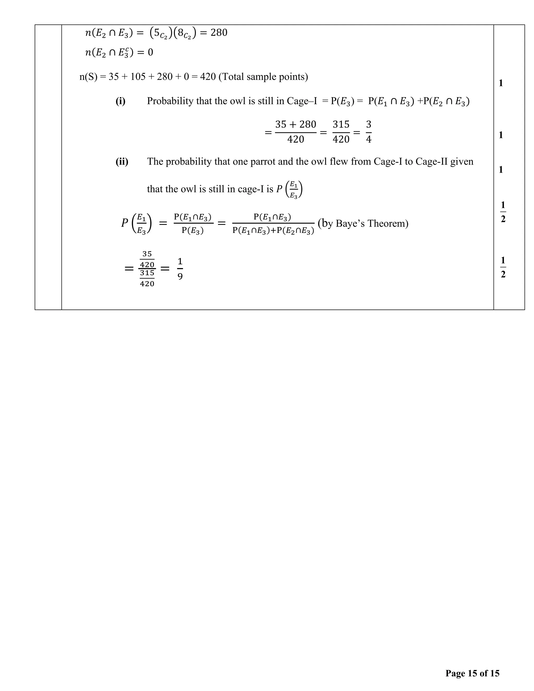 Page 15 of 15
𝑛(𝐸2 ∩ 𝐸3) = (5𝐶2
)(8𝐶2
) = 280
𝑛(𝐸2 ∩ 𝐸3
𝑐) = 0
n(S) = 35 + 105 + 280 + 0 = 420 (Total sample points)
(i) Probability that the owl is still in Cage–I = P(𝐸3) = P(𝐸1 ∩ 𝐸3) +P(𝐸2 ∩ 𝐸3)
=
35 + 280
420
=
315
420
=
3
4
(ii) The probability that one parrot and the owl flew from Cage-I to Cage-II given
that the owl is still in cage-I is 𝑃 (
𝐸1
𝐸3
)
𝑃 (
𝐸1
𝐸3
) =
P(𝐸1∩𝐸3)
P(𝐸3)
=
P(𝐸1∩𝐸3)
P(𝐸1∩𝐸3)+P(𝐸2∩𝐸3)
(by Baye’s Theorem)
=
35
420
315
420
=
1
9
1
1
1
1
2
1
2
 