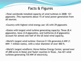 Facts & Figures
•Total worldwide installed capacity of wind turbines in 2008: 121
gigawatts .This represents about 1% of total power generation from
all sources.
•Country with highest wind energy use: US with 29 gigawatts

•States with largest wind turbine generating capacity: Texas (8.4
gigawatts), Iowa (3.0 gigawatts), and California (2.8 gigawatts)
account for almost one half of the US total wind capacity.
•World’s largest wind turbine: Enercon E-126 generates 6 MW (1
MW= 1 million watts), with a rotor diameter of over 400 ft.
•World’s largest windfarm: Horse Hollow Energy Center, spread over
47,000 acres in Nolan and Tayler counties in Texas , has 421 wind
turbines generating 735 MW of electricity.

 