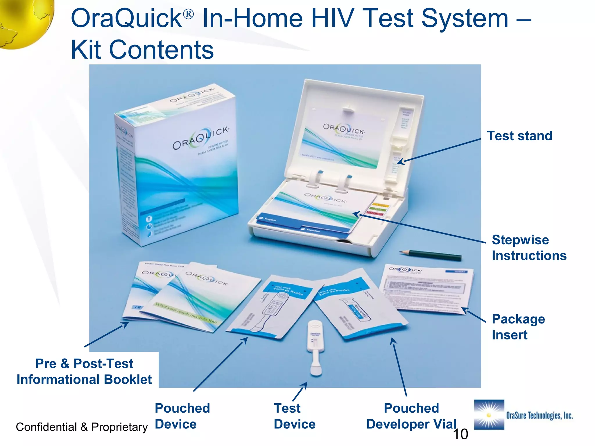OraQuick® In-Home HIV Test System –
Kit Contents
Test stand

Stepwise
Instructions

Package
Insert
Pre & Post-Test
Informational Booklet
Pouched
Confidential & Proprietary Device

Test
Device

Pouched
Developer Vial

10

 