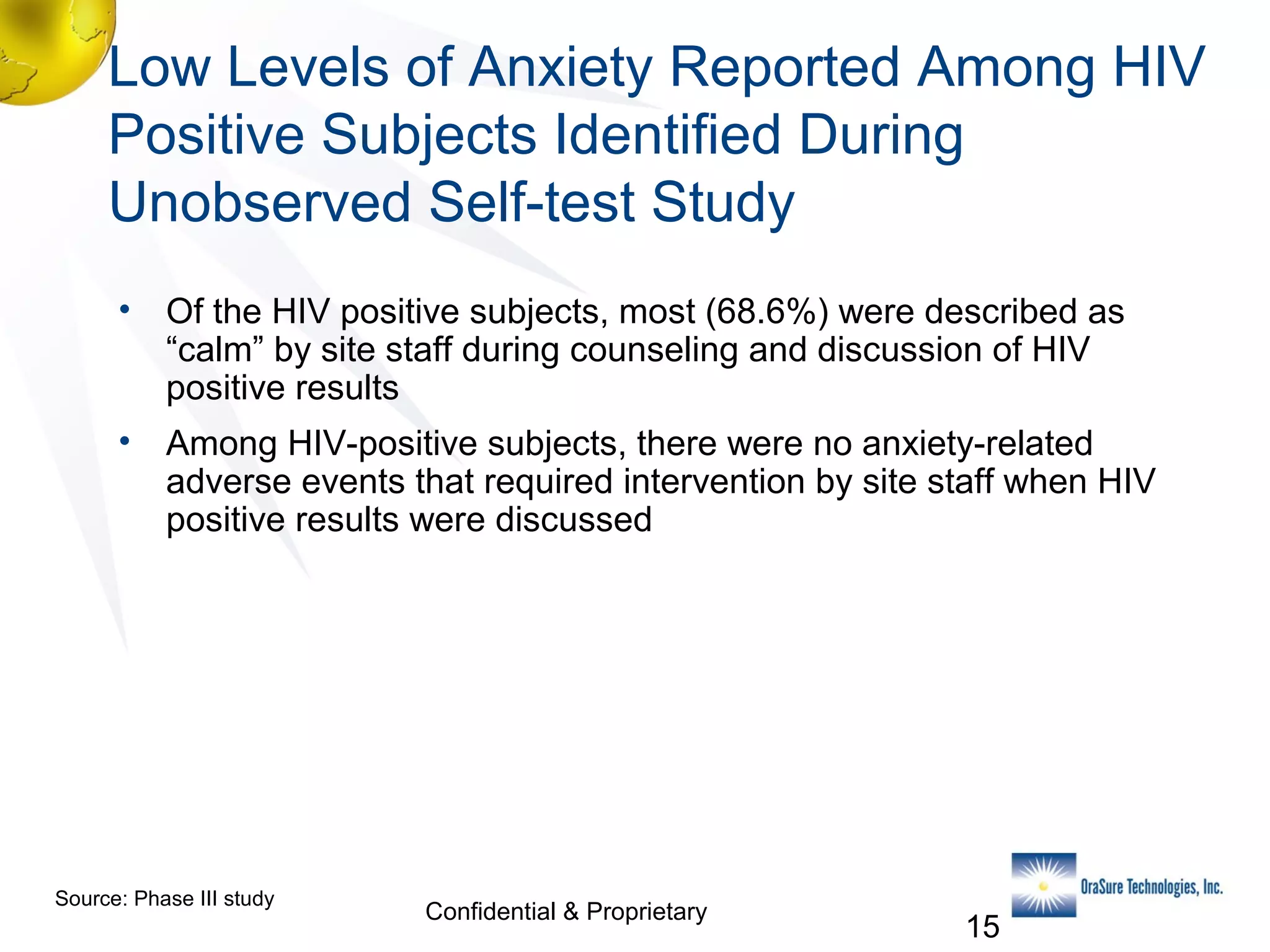 Low Levels of Anxiety Reported Among HIV
Positive Subjects Identified During
Unobserved Self-test Study
•

Of the HIV positive subjects, most (68.6%) were described as
“calm” by site staff during counseling and discussion of HIV
positive results

•

Among HIV-positive subjects, there were no anxiety-related
adverse events that required intervention by site staff when HIV
positive results were discussed

Source: Phase III study

Confidential & Proprietary

15

 