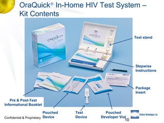 OraQuick® In-Home HIV Test System –
Kit Contents
Test stand

Stepwise
Instructions

Package
Insert
Pre & Post-Test
Informational Booklet
Pouched
Confidential & Proprietary Device

Test
Device

Pouched
Developer Vial

10

 