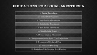INDICATIONS FOR LOCAL ANESTHESIA
1. Dental Procedures
2. Minor Oral Surgeries
3. Orthodontic Adjustments
4. Endodontic Treatments
5. Soft Tissue Procedures
6. Maxillofacial Surgery
7. Dental Implant Placement
8. Temporomandibular Joint (TMJ) Injections
9. Treatment of Orofacial Pain
10. Pediatric Dentistry
11. Periodontal Scaling and Root Planing
 