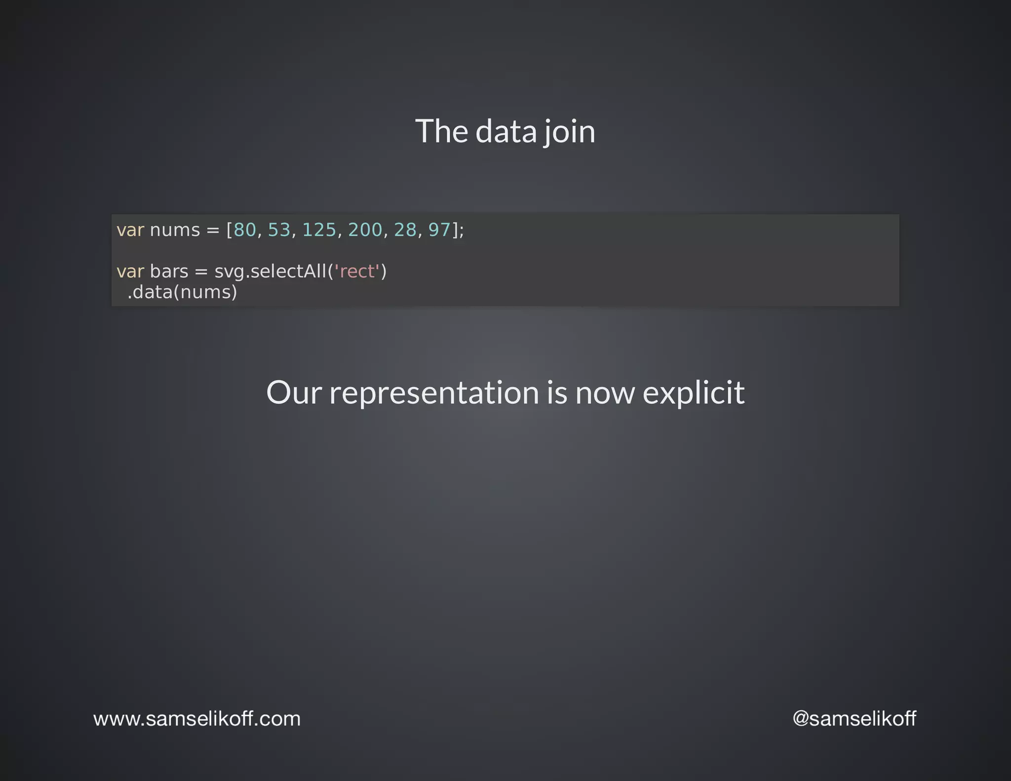 The	data	join
var	nums	=	[80,	53,	125,	200,	28,	97];
var	bars	=	svg.selectAll('rect')
		.data(nums)
Our	representation	is	now	explicit
 
