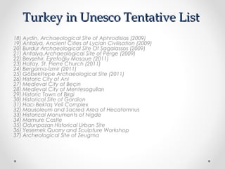 Turkey in Unesco Tentative List
18) Aydin, Archaeological Site of Aphrodisias (2009)
19) Antalya, Ancient Cities of Lycian Civilisation (2009)
20) Burdur Archaeological Site Of Sagalassos (2009)
21) Antalya,Archaeological Site of Perge (2009)
22) Beyşehir, Eşrefoğlu Mosque (2011) 
23) Hatay, St. Pierre Church (2011) 
24) Bergama-İzmir (2011) 
25) Göbeklitepe Archaeological Site (2011) 
26) Historic City of Ani
27) Medieval City of Beçin
28) Medieval City of Mentesogulları
29) Historic Town of Birgi 
30) Historical Site of Gordion
31) Hacı Bektaş Veli Complex
32) Mausoleum and Sacred Area of Hecatomnus
33) Historical Monuments of Nigde
34) Mamure Castle
35) Odunpazarı Historical Urban Site
36) Yesemek Quarry and Sculpture Workshop
37) Archeological Site of Zeugma
 