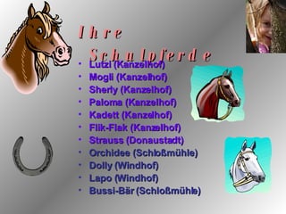 Lutzi (Kanzelhof) Mogli (Kanzelhof) Sherly (Kanzelhof) Paloma (Kanzelhof) Kadett (Kanzelhof) Flik-Flak (Kanzelhof) Strauss (Donaustadt) Orchidee (Schloßmühle) Dolly (Windhof) Lapo (Windhof) Bussi-Bär (Schloßmühle) Ihre Schulpferde 