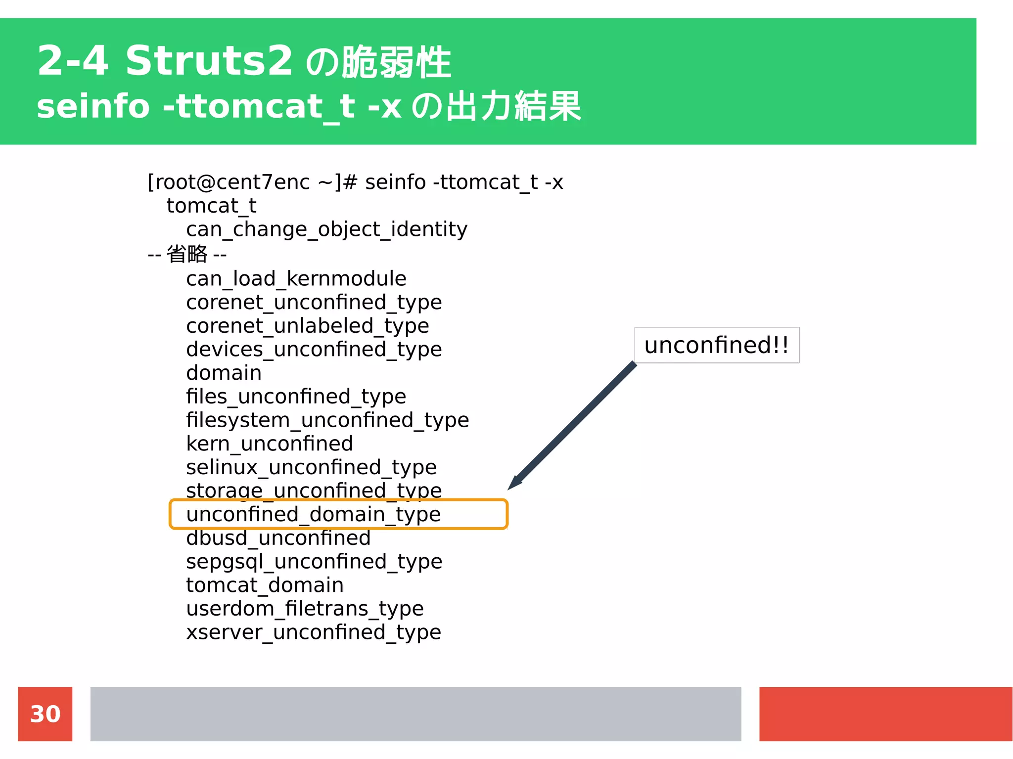 30
2-4 Struts2 の脆弱性
seinfo -ttomcat_t -x の出力結果
[root@cent7enc ~]# seinfo -ttomcat_t -x
tomcat_t
can_change_object_identity
-- 省略 --
can_load_kernmodule
corenet_unconfined_type
corenet_unlabeled_type
devices_unconfined_type
domain
files_unconfined_type
filesystem_unconfined_type
kern_unconfined
selinux_unconfined_type
storage_unconfined_type
unconfined_domain_type
dbusd_unconfined
sepgsql_unconfined_type
tomcat_domain
userdom_filetrans_type
xserver_unconfined_type
unconfined!!
 