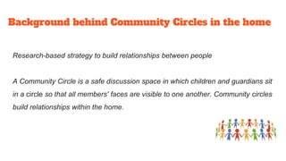 Background behind Community Circles in the home
Research-based strategy to build relationships between people
A Community Circle is a safe discussion space in which children and guardians sit
in a circle so that all members' faces are visible to one another. Community circles
build relationships within the home.
 