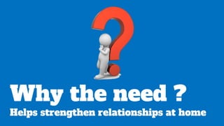 Why the need ?
Helps strengthen relationships at home
 